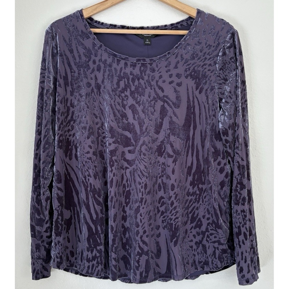Velvet Burnout Mesh Animal Print Whimsigoth Women's Blouse Top‎ Purple XL Fairy
